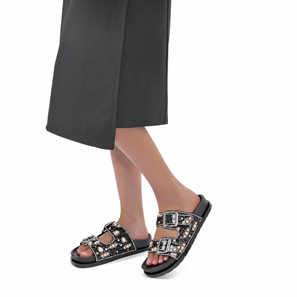 Sandália Birken Papete Feminina Luxo Strass e Pérolas com Duas Fivelas Ajustáveis Conforto Meijile