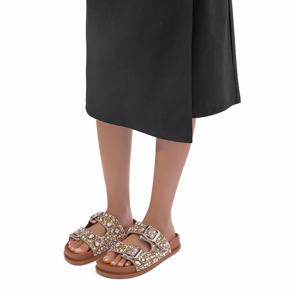 Sandália Birken Papete Feminina Luxo Strass e Pérolas com Duas Fivelas Ajustáveis Conforto Meijile