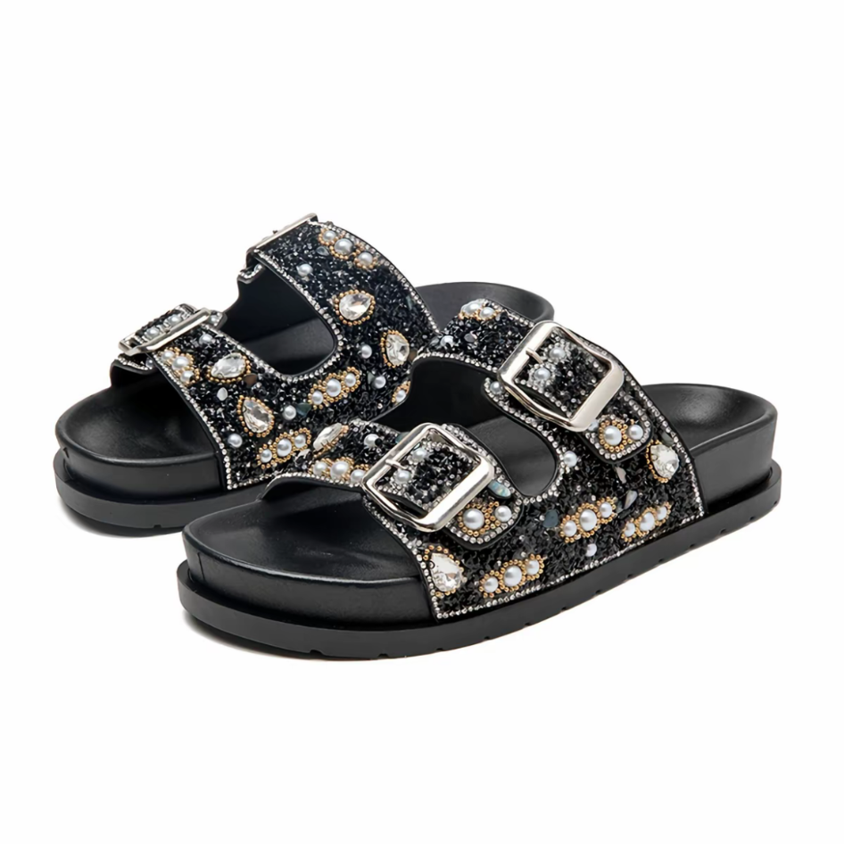 Sandália Birken Papete Feminina Luxo Strass e Pérolas com Duas Fivelas Ajustáveis Conforto Meijile
