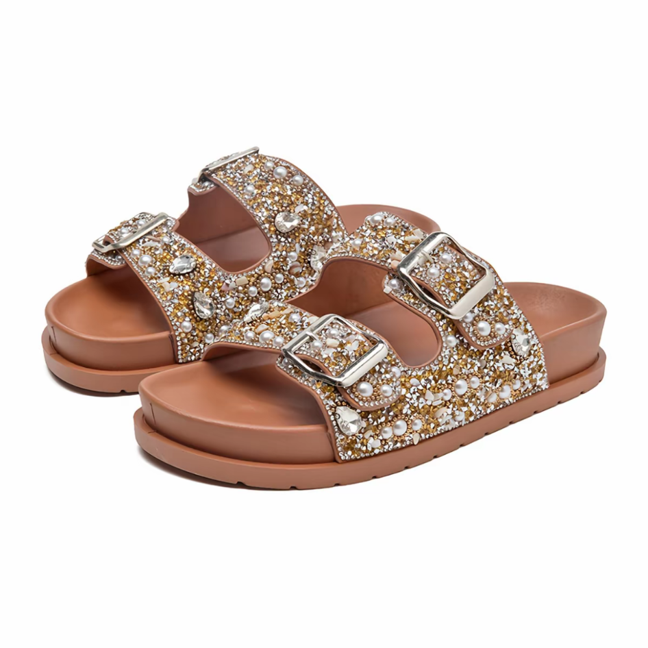 Sandália Birken Papete Feminina Luxo Strass e Pérolas com Duas Fivelas Ajustáveis Conforto Meijile