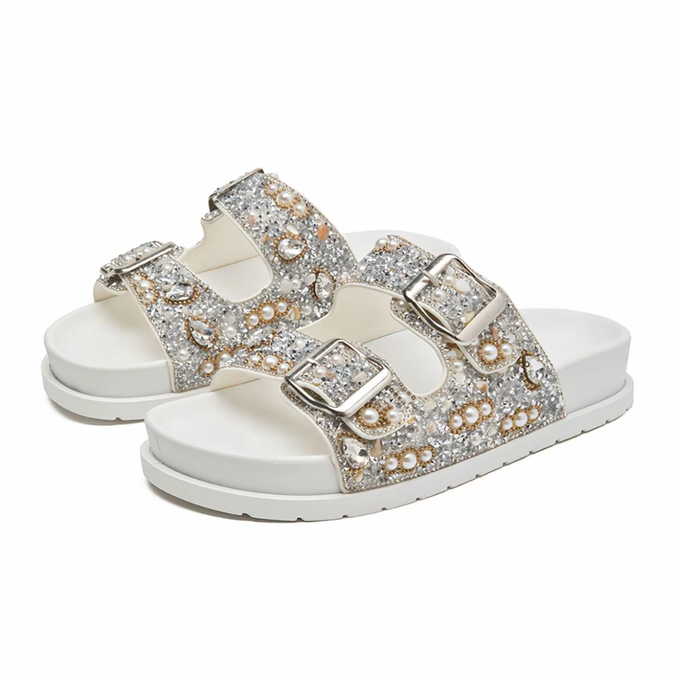 Sandália Birken Papete Feminina Luxo Strass e Pérolas com Duas Fivelas Ajustáveis Conforto Meijile