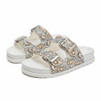 Sandália Birken Papete Feminina Luxo Strass e Pérolas com Duas Fivelas Ajustáveis Conforto Meijile