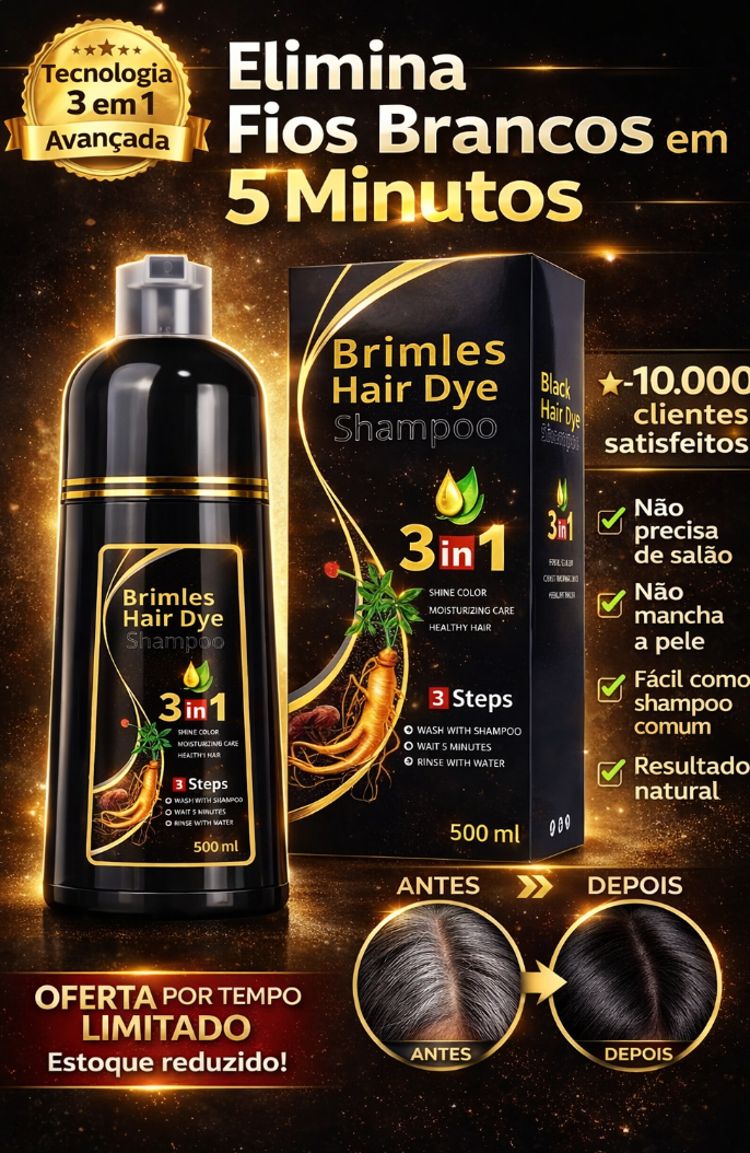 (COMPRE 1 E LEVE 2) Shampoo Brimless Natural 3 em 1 - Cabelos Pretos Intensos em Apenas 5 Minutos