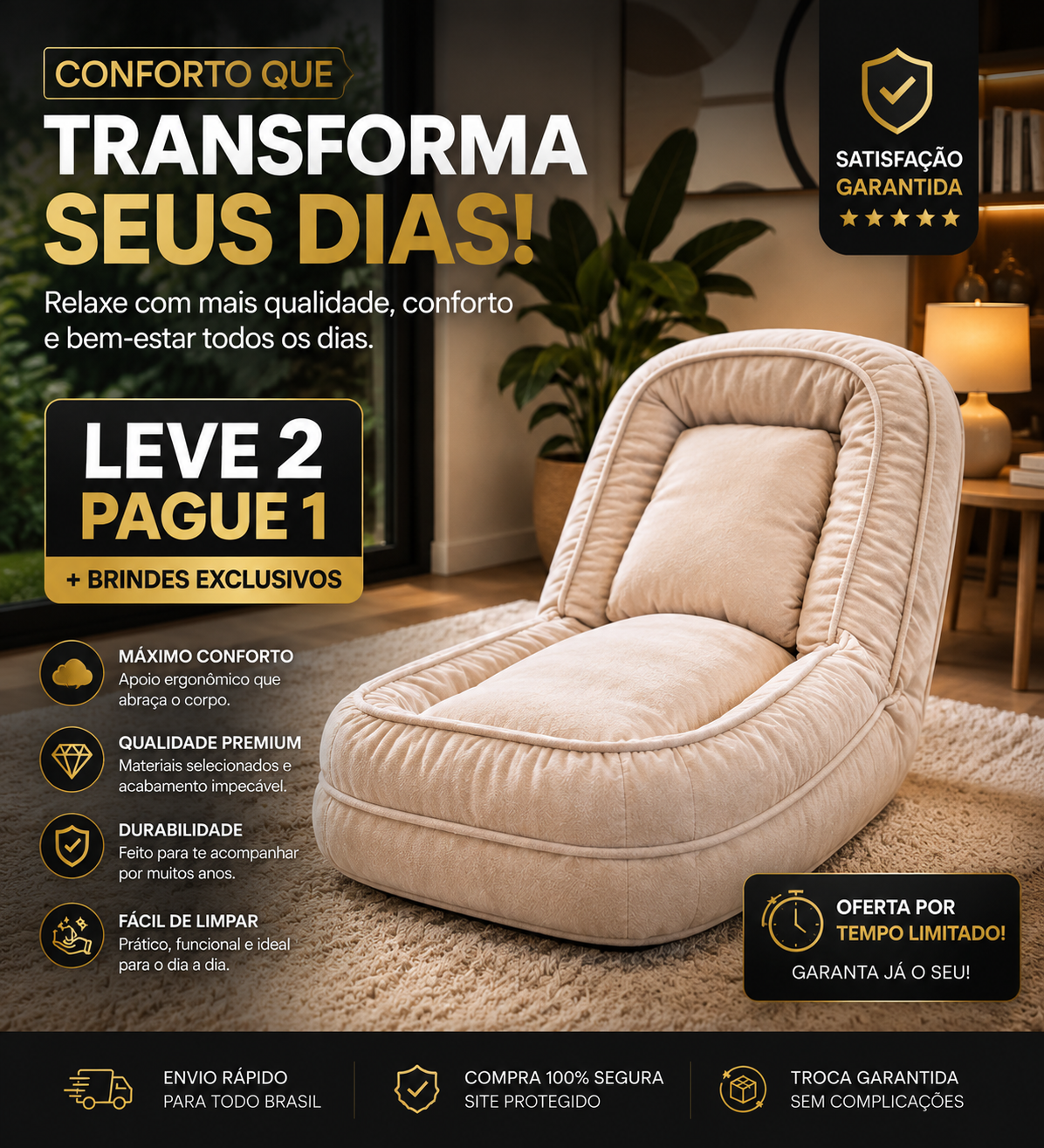 [LEVE 2 PAGUE 1] Sofá Cama Algodão Retrátil 5 em 1 + BRINDE: Almofadas Cushion