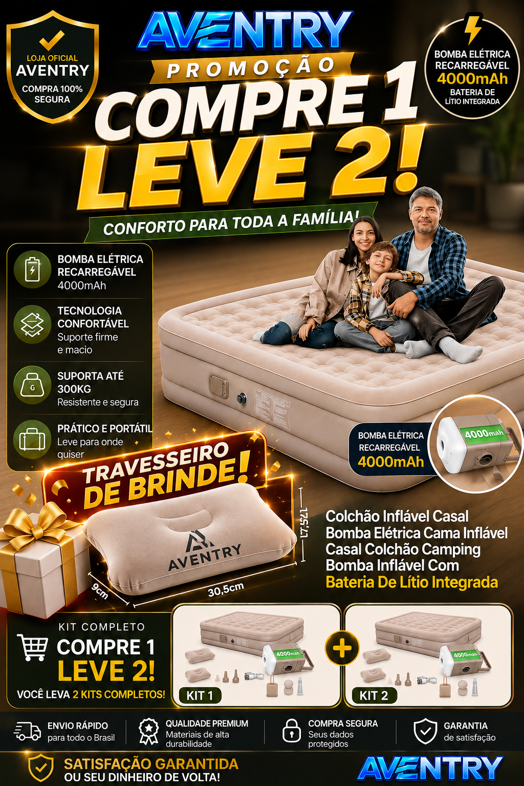 🔥 COMPRE 1, LEVE 2 🔥 Colchão Inflável Casal com Bomba Elétrica Recarregável + Travesseiro de Brinde 🎁